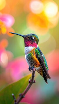 A vibrantly colored hummingbird perched on a twig against a bokeh background.