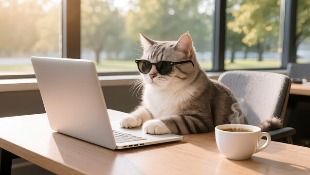 Funny cat in sunglasses working on laptop with coffee cup on office desk, humorous concept of business, work and productivity