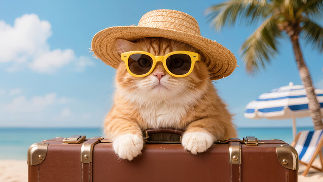 Cute ginger cat in straw hat and sunglasses sitting on suitcase at the beach under palm trees