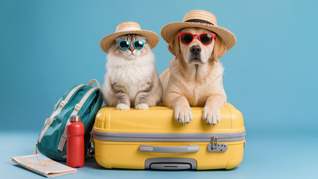 Funny cat and dog in sunglasses and straw hats sitting on yellow suitcase with travel items. Summer vacation pet travel concept