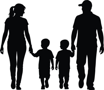 Family walking silhouette, black vector illustration, parenting concept, children with adults, social relationship icon, unity, care, emotional bond, lifestyle design