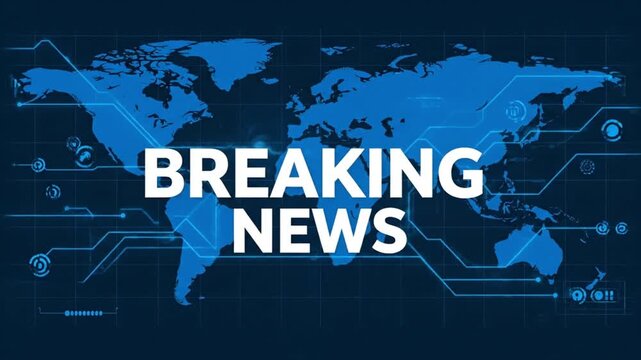 A professional motion graphic featuring a stylized blue world map with high-tech digital circuit lines. The design centers on the bold white text "BREAKING NEWS,"