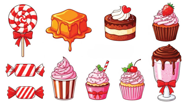 A collection of various sugary treats including red and white striped lollipops, square caramel candies with dripping glaze, layered cakes, chocolate cupcakes with pink frosting and hearts, a cupcake.