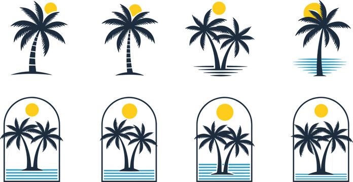 Tropical palm tree logo set, summer beach sunset icons, island vacation nature, modern minimal vector illustration