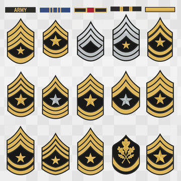 US Army Rank Insignia Collection: Stripes, Chevrons, and Badges on Transparent Background