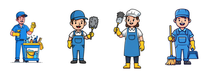 Fototapeta premium Cleaning service staff in uniform performing various tasks , Set of 4 vector images on a transparent background