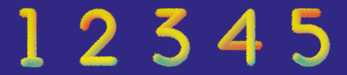 Set of numbers made of multicolored fur, on blue background, illustration and graphic design, numbers 1, 2, 3, 4, 5