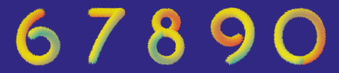 Set of numbers made of multicolored fur, on blue background, illustration and graphic design, numbers 6, 7, 8, 9, 0