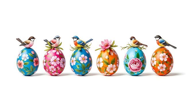 Beautifully decorated easter eggs with birds perched on top creating a whimsical scene