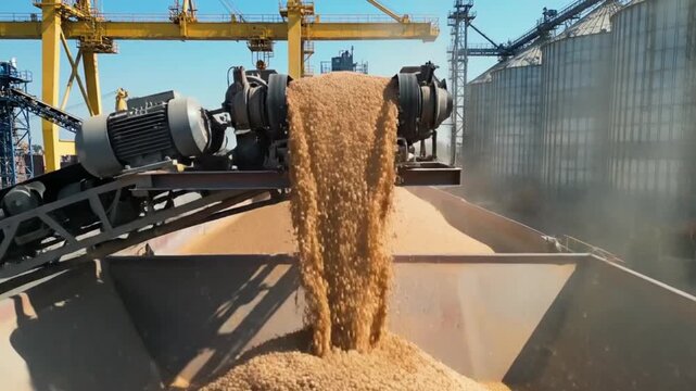 Grain Loading Process at an Industrial Elevator with Heavy Machinery and Falling Grains