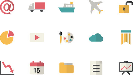 Collection of various icons representing different concepts and objects including transportation, technology, and office supplies displayed on a clean background