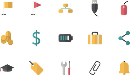 A colorful vector set of web design icons representing business, education, tools, music, medical symbols, and internet objects for digital interfaces