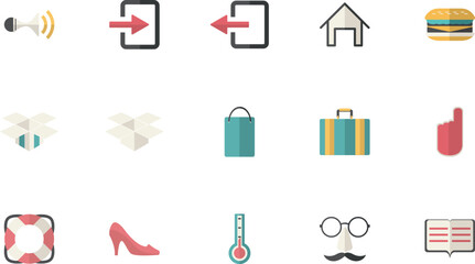 Collection of various icons representing different concepts and objects, including symbols, fashion, and food items, displayed on a clean background from a straightforward viewpoint.