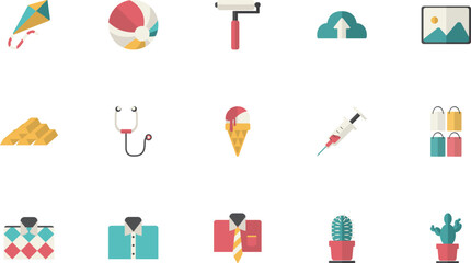 Collection of colorful flat design illustrations showcasing various objects and symbols displayed on a clean white background from a straightforward viewpoint