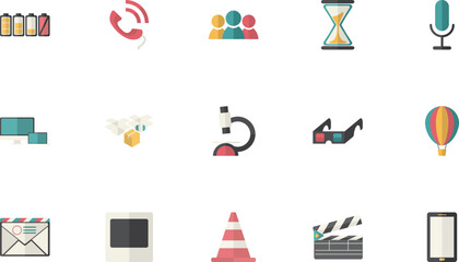 A diverse collection of modern icons representing various concepts and objects in a clean and simple illustration style