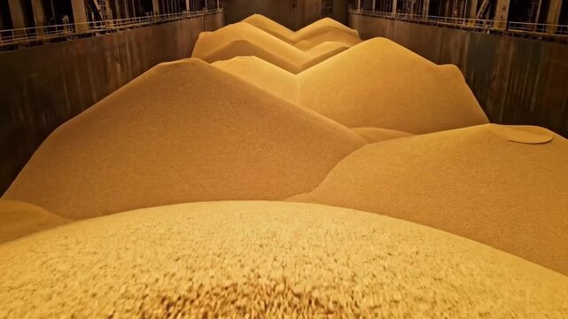 Massive golden grain piles inside a large industrial storage facility, representing a bountiful harvest and global food supply for future consumption