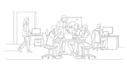 Business team meeting in office with laptops and whiteboard graph presentation