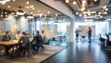 Modern office meeting room with team brainstorming and collaboration