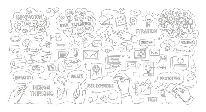 Design thinking and user experience concept with various icons and keywords related to innovation and creativity in business and technology  business strategy and innovation