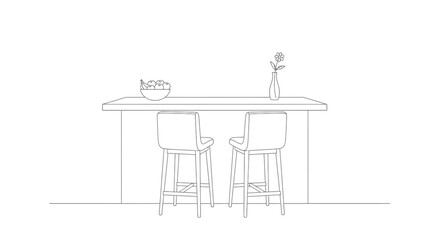 line drawing of two bar stools at a counter with a bowl and a vase with a flower