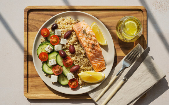 Grilled Salmon Quinoa Salad with Feta Olives Tomatoes and Cucumbers on Wooden Board feta cheese