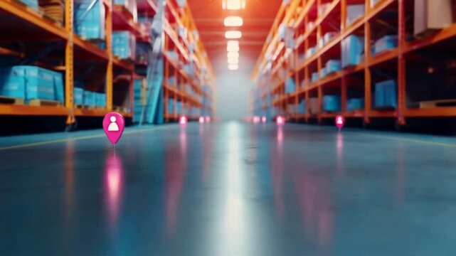 Colorful location markers in a modern warehouse, symbolizing efficient inventory management and streamlined logistics.