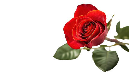 Vibrant red rose head on alpha background with leafy stem for floral graphics