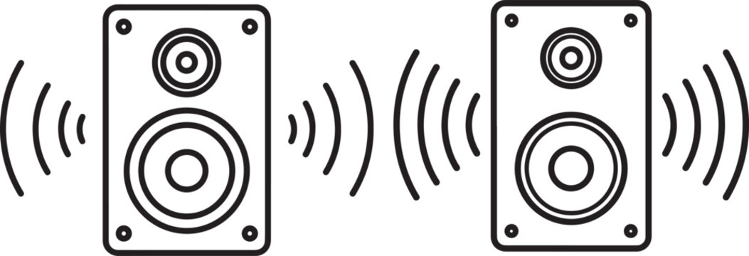 Two stereo speakers with sound waves emanating, black and white outline illustration for audio, music, and sound concepts