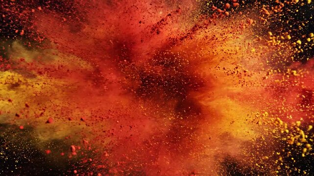 Explosion of vibrant yellow and red powder colliding against a stark black background creating a dynamic abstract cloud formation with fine particles scattered in motion