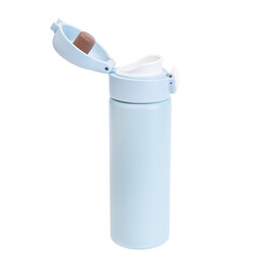 thermos for drinking light blue color isolate on white background