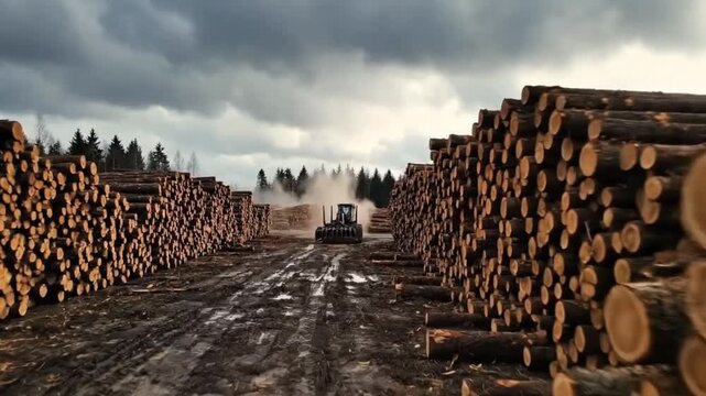 Timber industry Heavy machinery operates in a vast log yard under a cloudy sky