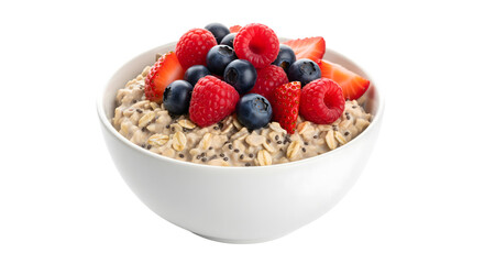 Delicious bowl of healthy oatmeal topped with fresh raspberries blueberries and strawberries on transparent background