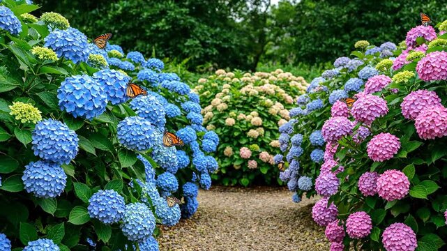 Monarch Butterfly Resting on Vibrant Blue Hydrangea Flower Head in a Lush Garden Setting