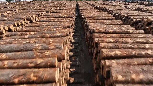 Vast forest logs stacked high in rows at a lumber mill, showcasing the raw materials for construction and industry