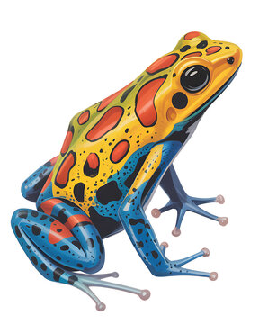 Poison dart frog or poison arrow frog in colorful patterns and vibrant hues isolated on transparent background, tropical amphibian