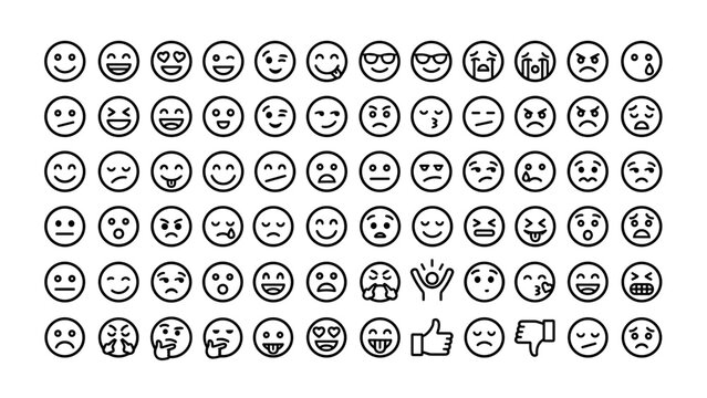 Large Set of Minimalist Vector Reaction Emojis and Smileys Line Icons. Unique Facial Expressions, Emoticons, and Hand Gestures for Social Media, Chat, and Web Design on a Clean White Background.