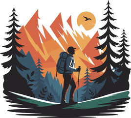 Professional hiking camping vector artwork for outdoor recreation, nature travel and adventure themed designs.