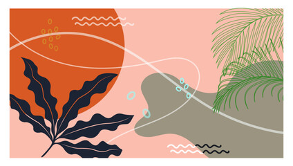Obraz premium A modern abstract illustration featuring tropical botanical elements, flowing organic shapes, and a warm pastel color palette. Ideal for branding, packaging, posters, wall art, etc.