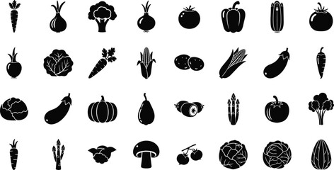 Variety of fresh vegetables and fruits in black silhouette