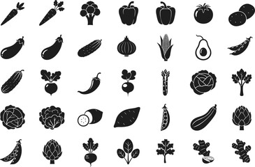 Variety of fresh vegetables and fruits in black silhouette icons