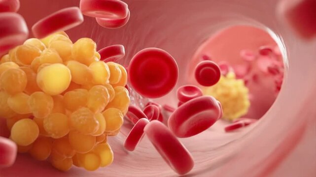 Close-up view of blood cells and fat cells in a human artery, showcasing the intricate details of human anatomy.