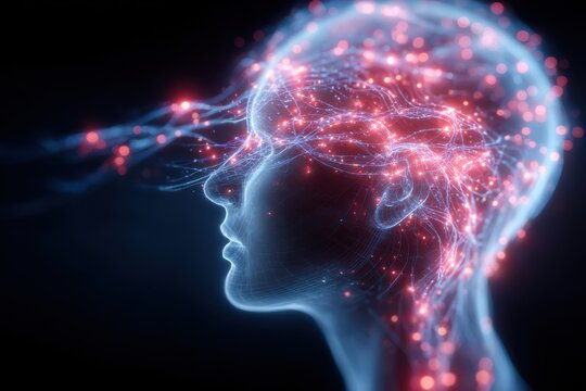 Surreal illustration of neuroinflammation with glowing neural pathways and silhouette