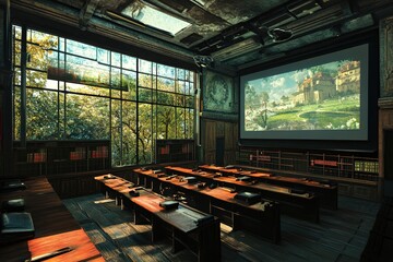 Lecture hall classroom with large window, projector screen, and scenic landscape on stage