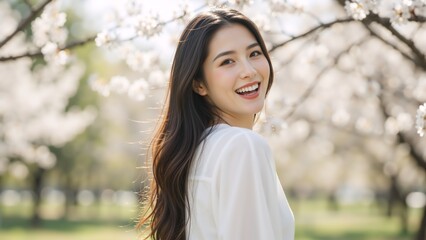 Naklejka premium A happy young Asian woman smiling in a spring park with cherry blossoms. Portrait of a cheerful person outdoors on a sunny day