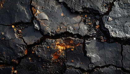 Extreme close-up texture of severely cracked and weathered asphalt pavement with orange mineral deposits.