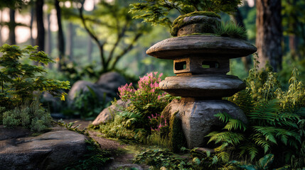 Stone lantern in a peaceful garden surrounded by lush greenery  