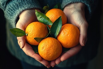 Cupped hands hold bright oranges with green leaves, conveying freshness, health, and seasonal harvest