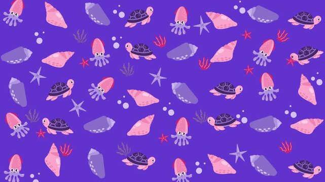 Sea life creatures turtles, starfish, shells, and squid, illustrated on blue. Perfect for oceanthemed designs, posters, or educational materials.