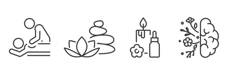 wellness icons, icon set of massage, spa, aromatherapy, mental health, line vector art
