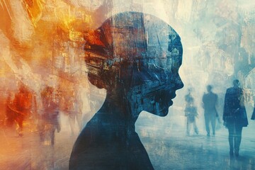 Silhouette profile of a person amid abstract blue and orange urban textures and distant figures